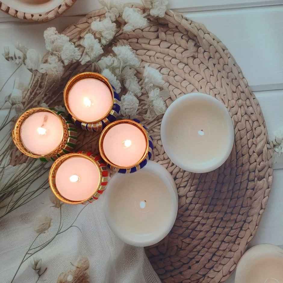 Gota Drum T Light Holders | Pack Of 4 | Glass and Metal | Assorted | Gullak