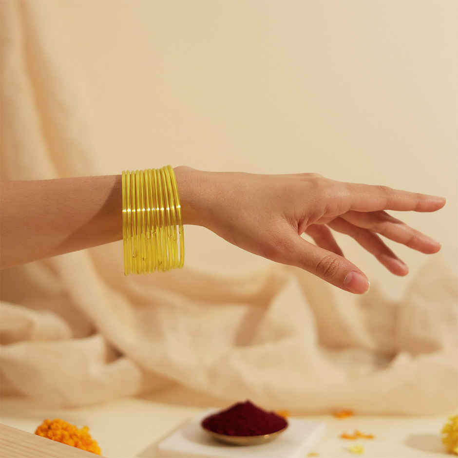 Traditional Glass Bangles | Traditional Festival Jewellery | Yellow | Pack Of 12 | Size 2.6 | Oye Happy
