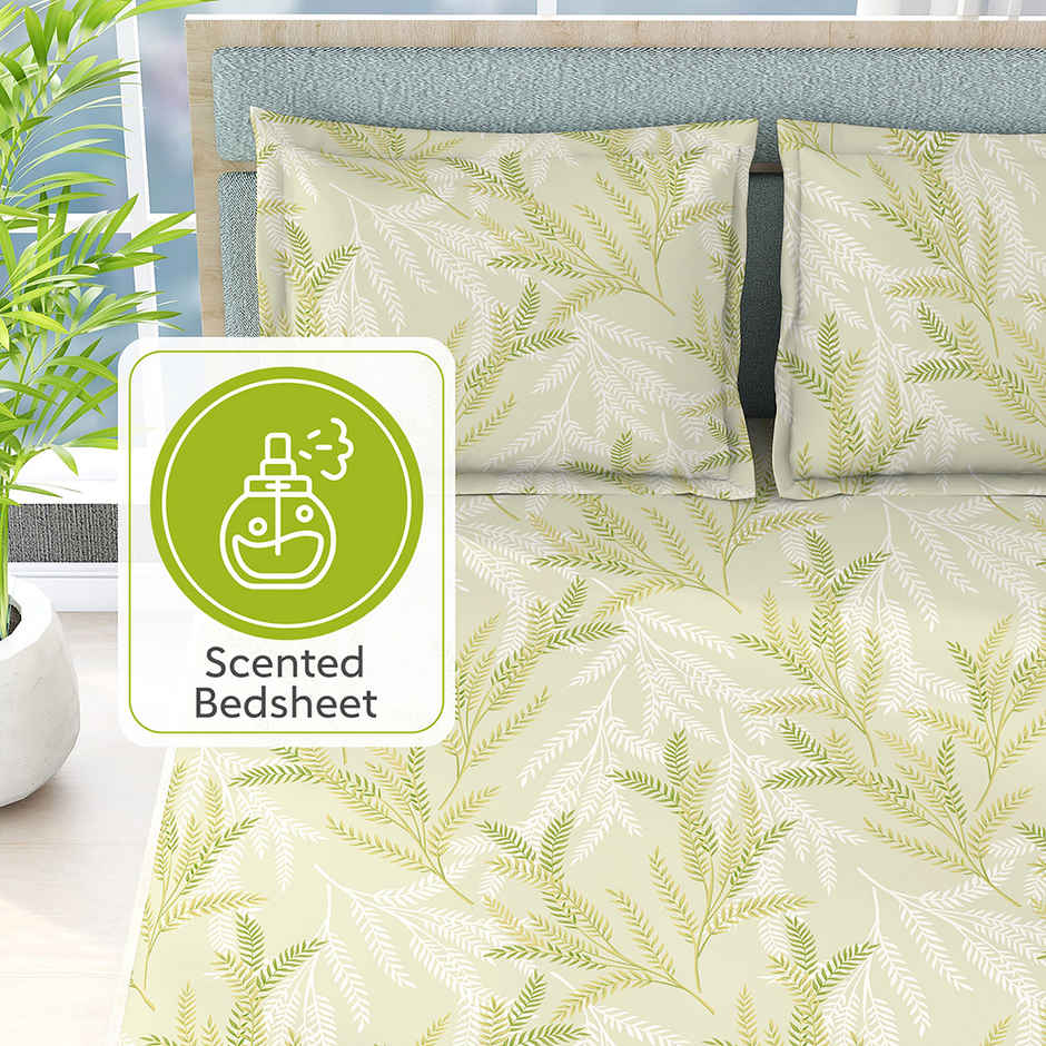 Boutique Living Nature Bouqute 100% Cotton 300 TC Scented King Bedsheet with 2 Pillow Covers (Green Apple Fragrance)
