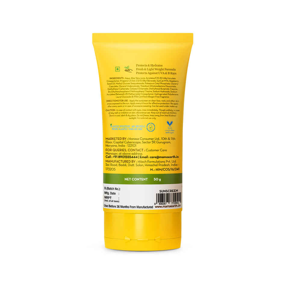 Mamaearth HydraGel Indian Sunscreen SPF 50, with Aloe Vera & Raspberry for Tan Protection