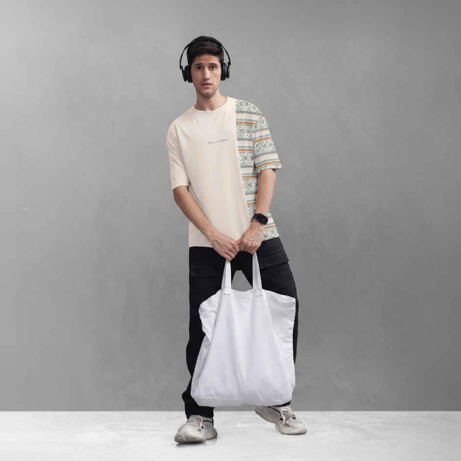 Bullmer Men's Oversized T-shirt Front and Back Printed | Beige | L