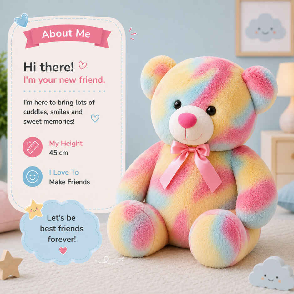 ToyTales Rainbow Teddy Bear Soft Toy | Plushie Stuffed Animal Toys | Birthday Gift for Kids | MultiColor | 45cm