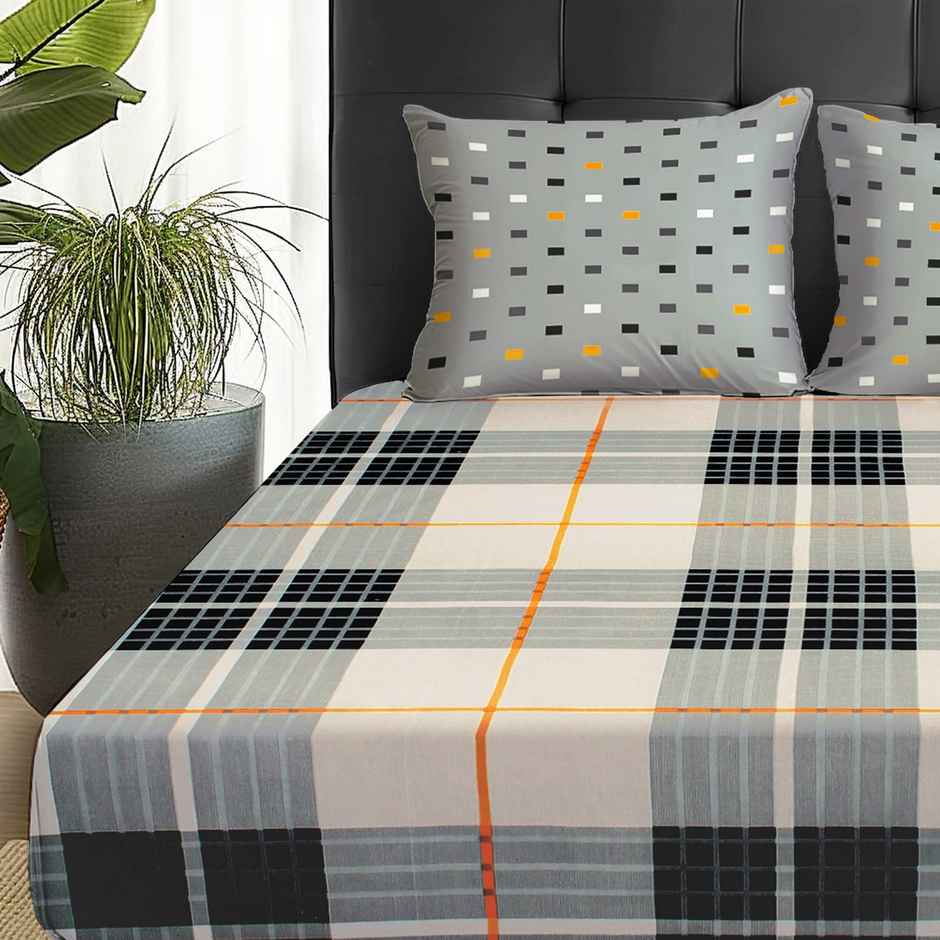 Story@home 144 TC Cotton Double Printed Flat Bedsheet (White, Grey)