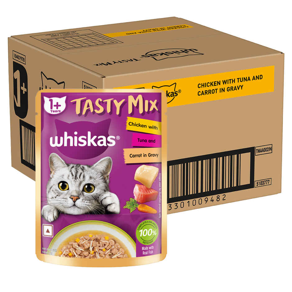 Whiskas Tasty Mix Adult Wet Cat Food, Chicken with Tuna & Carrot in Gravy