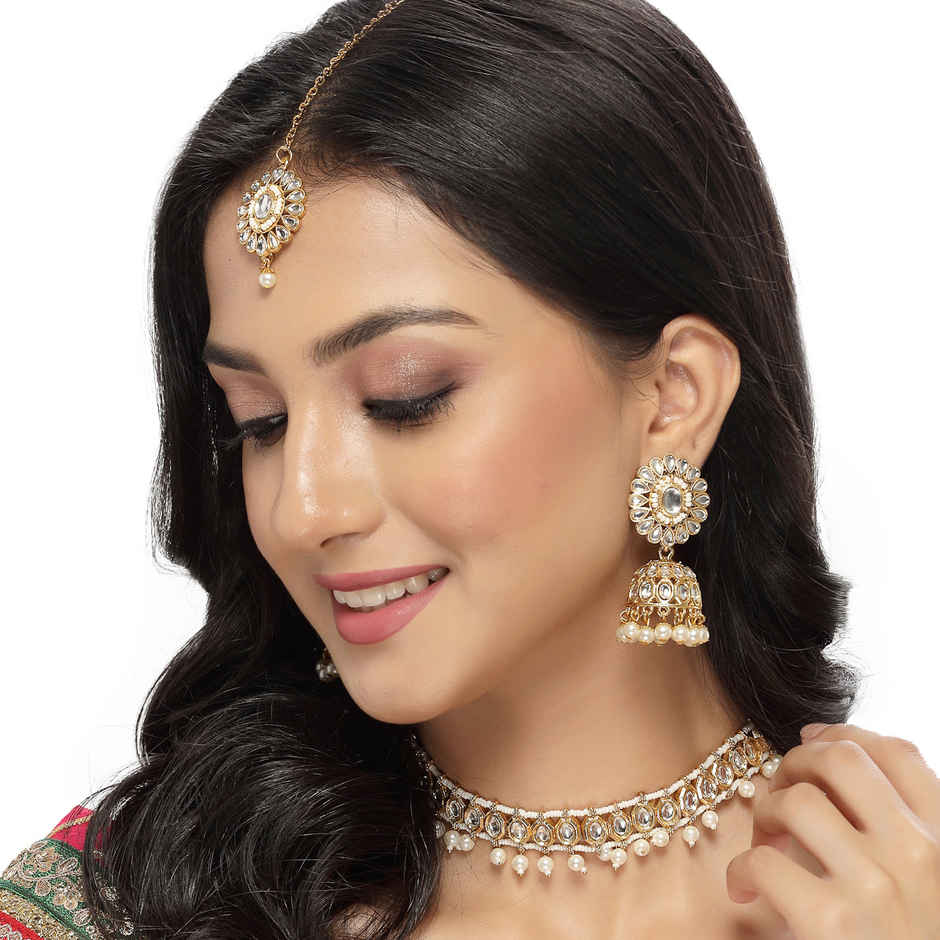 Sukkhi Heavenly Gold Plated White Kundan & Beads Studded Choker Necklace Set