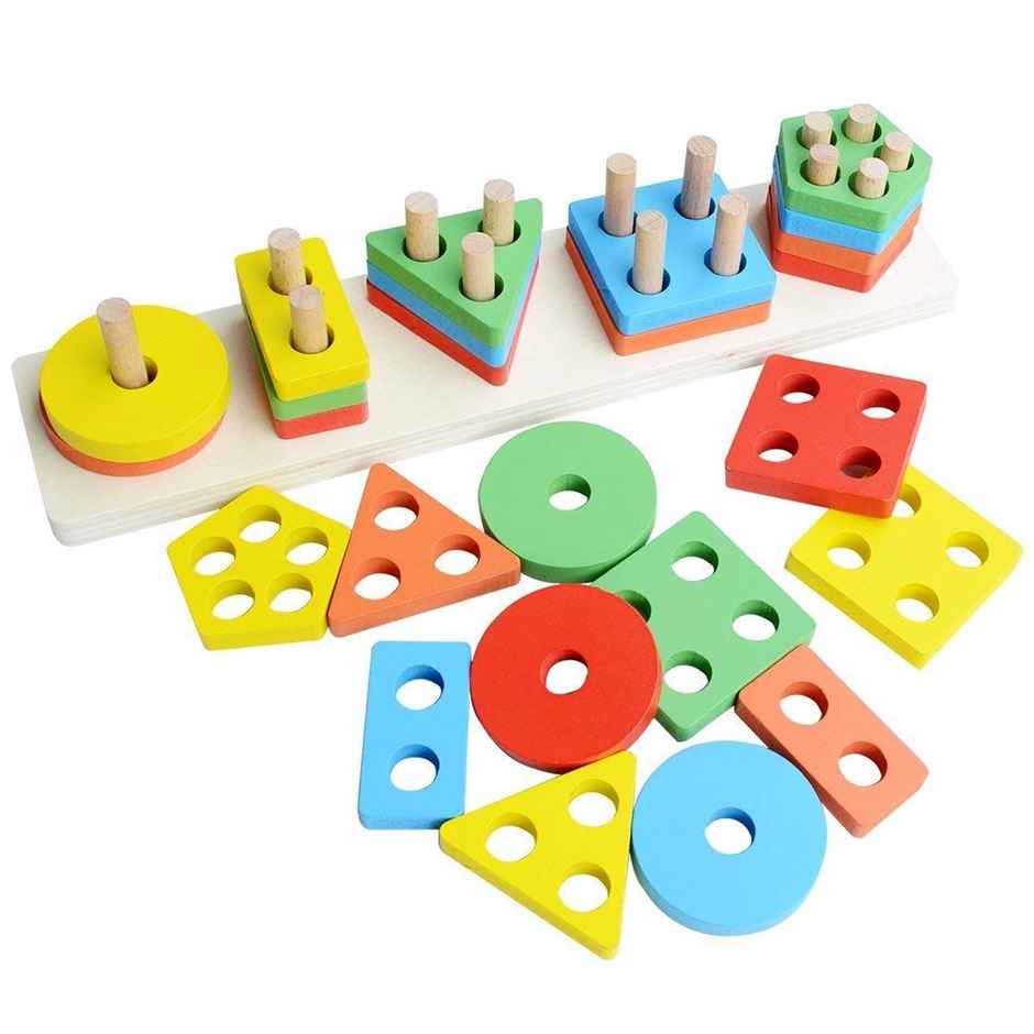 Toyshine Wooden Angle Geometric Blocks Stacker Shape Sorter Column Puzzle Stacking Set - 5 Column