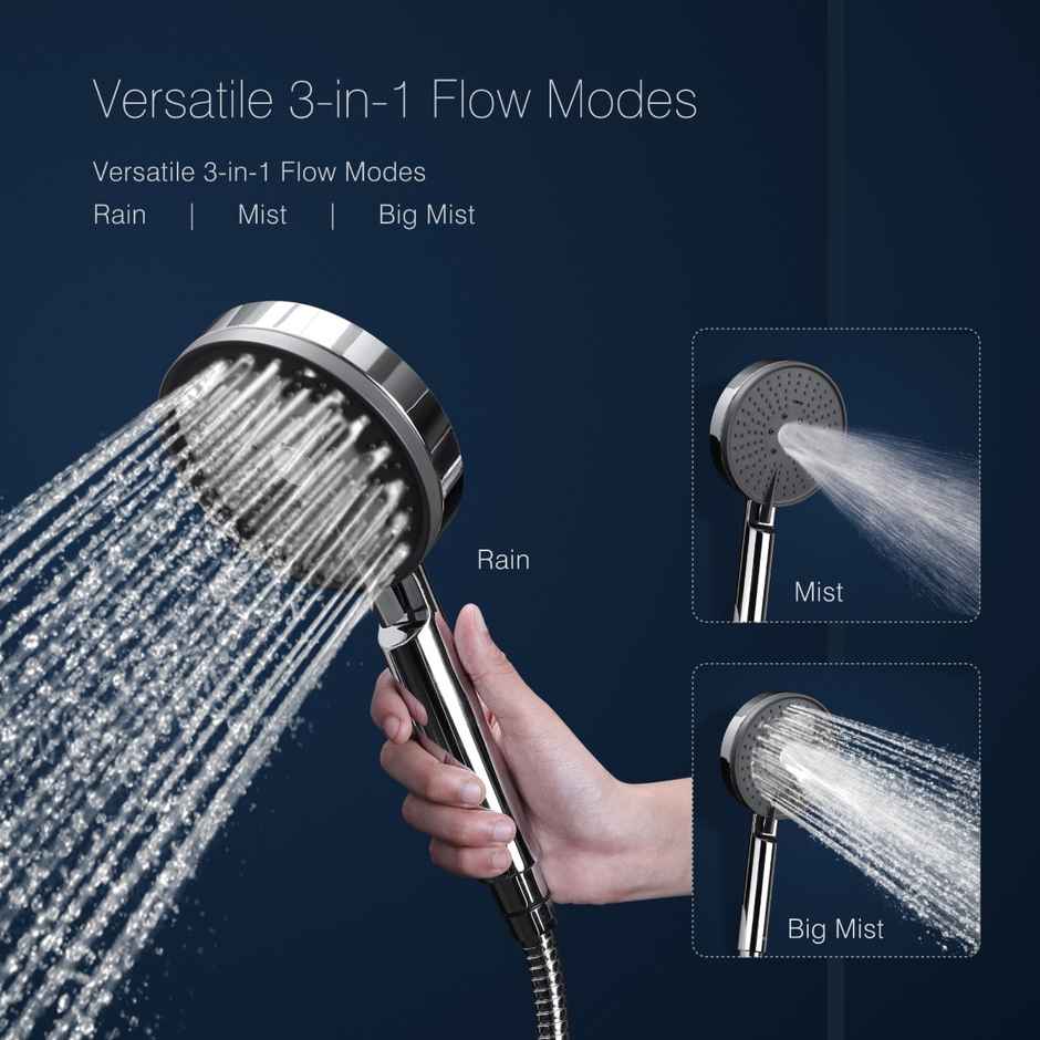 Hindware 3 mode Hand Shower | 1.5 Meter Flexible Steel Hose Pipe & Wall Hook | Grey Finish
