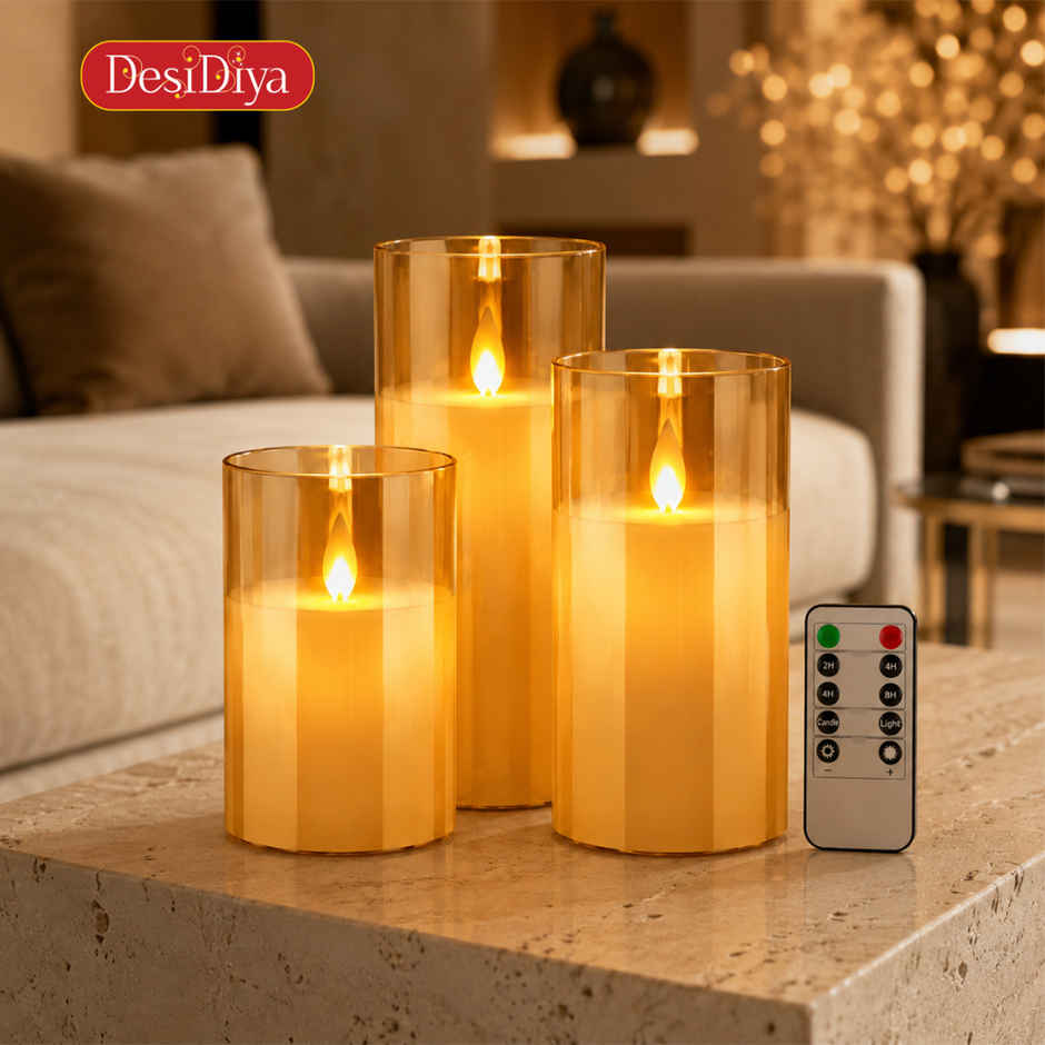 DesiDiya Flameless LED Candles Set of 3 Remote Control Acrylic Glass Candle Flickering Flame