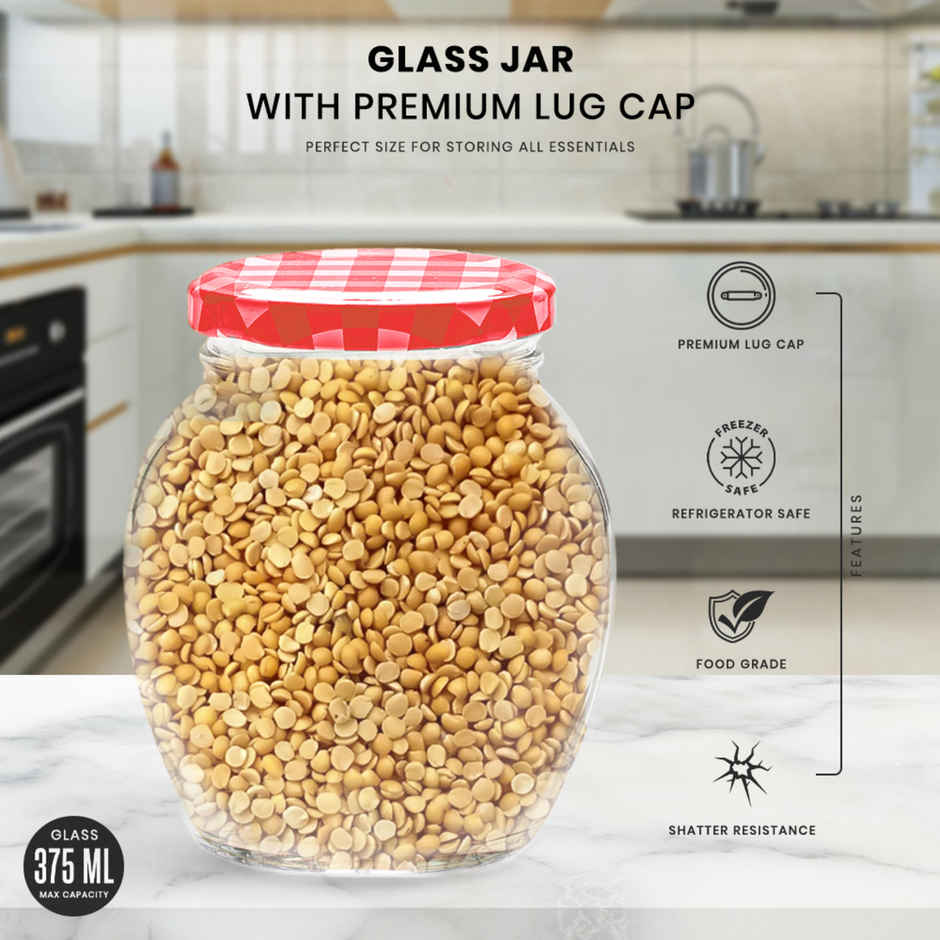 YERA GLASSWARE Lucia Storage Jar Set | Checkered Lids | Red - 375 ml