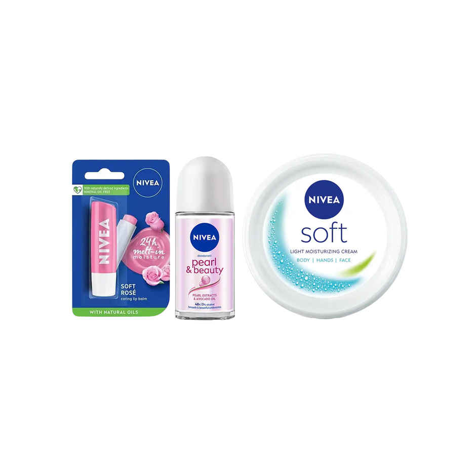 Nivea Body Care Combo | Lip Balm Soft Rose | Deo Roll On | Light Moisturising Cream