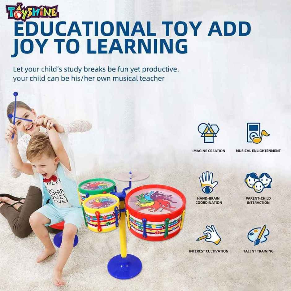 Toyshine 3-Piece Kids Drum Set, Beginner Musical Instrument Playset for Toddlers