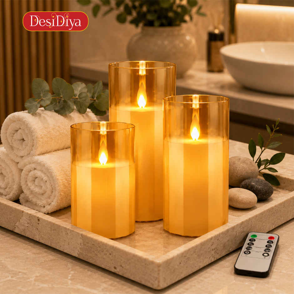 DesiDiya Flameless LED Candles Set of 3 Remote Control Acrylic Glass Candle Flickering Flame