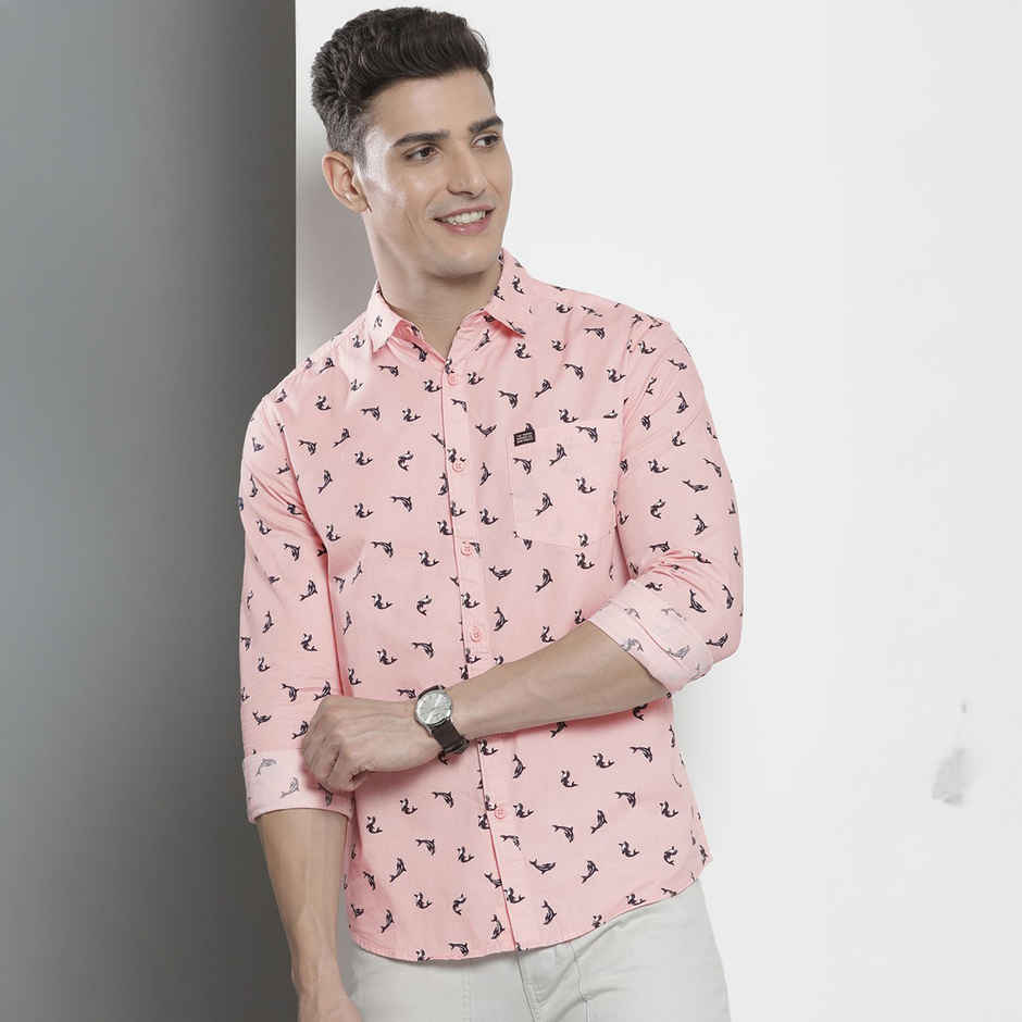The Indian Garage Co Men's Regular Fit Aqua Print Casual Shirt | Pink - M