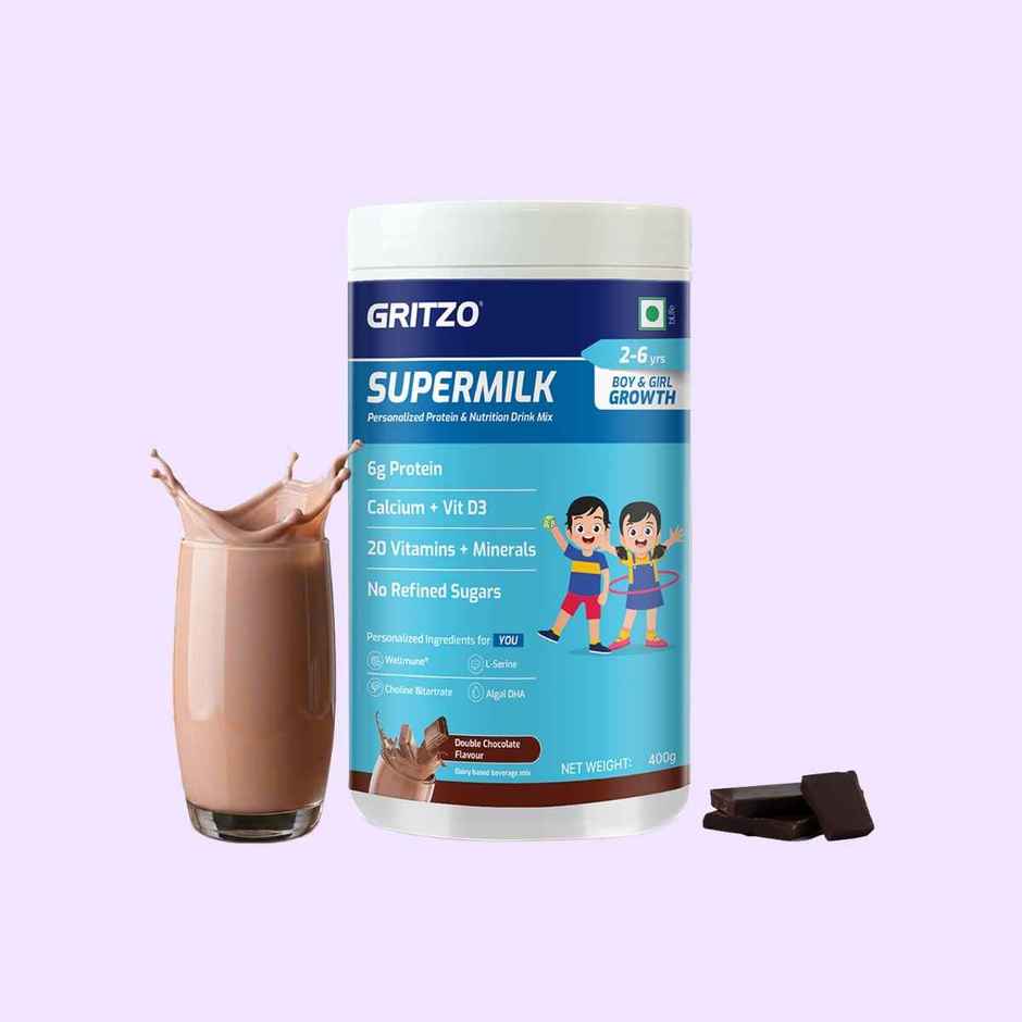 Gritzo Supermilk Overall Growth | 2-6y Boy & Girl | 6g Protein Powder | Double Chocolate