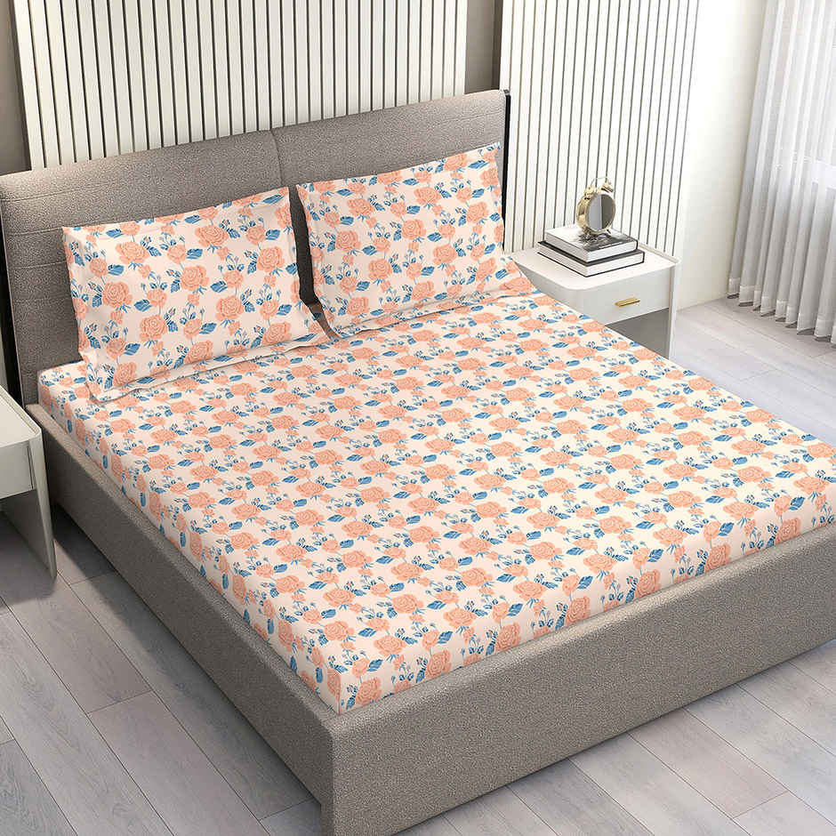 Layers Marigold 100% Cotton 144 TC Peach King Bedsheet with 2 Pillow Covers