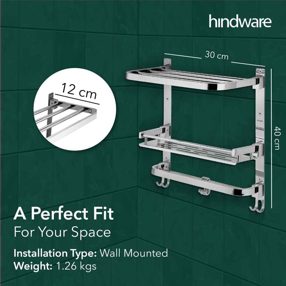 Hindware 3 Layered Multi-Purpose Shelf With Foldable Towel Rack | Stainless Steel Construction