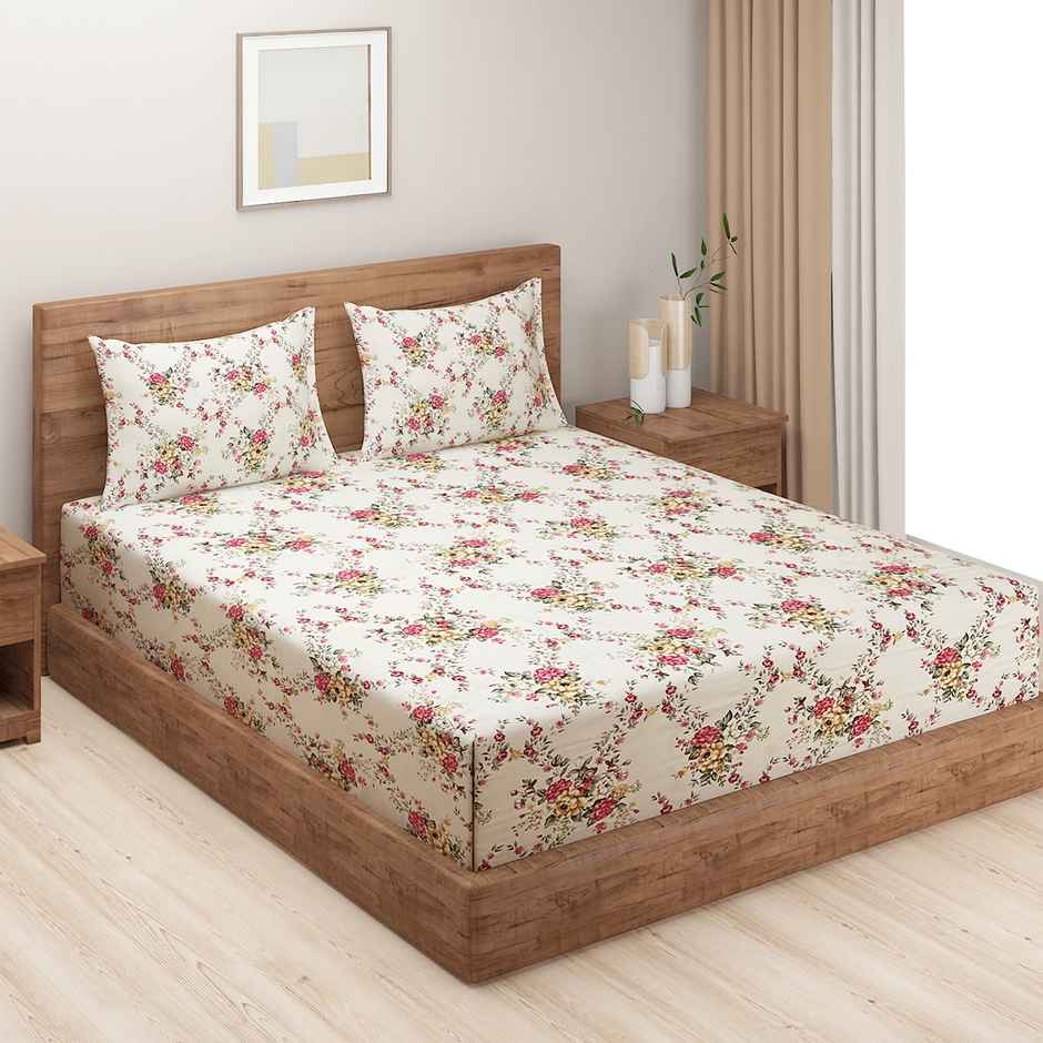 Swayam 250Tc King Fitted Bedsheet Set Pink, Green, White Floral Pure Cotton (Pack Of 3)