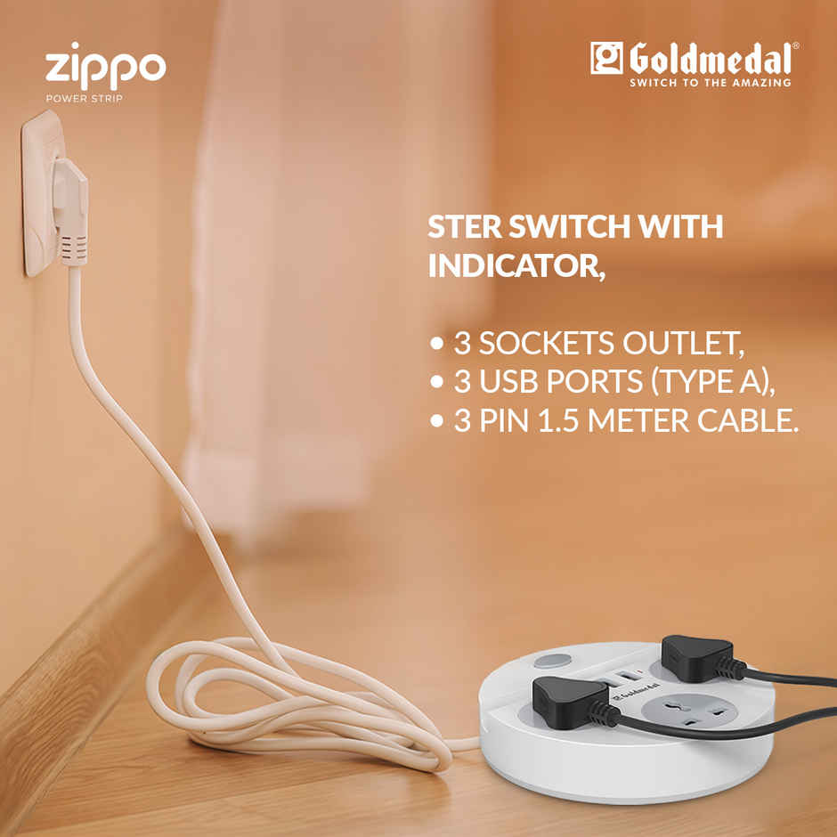 Goldmedal Zippo 1.5-Meter Extension Cord | 3 USB Charging Ports & Mobile Holder