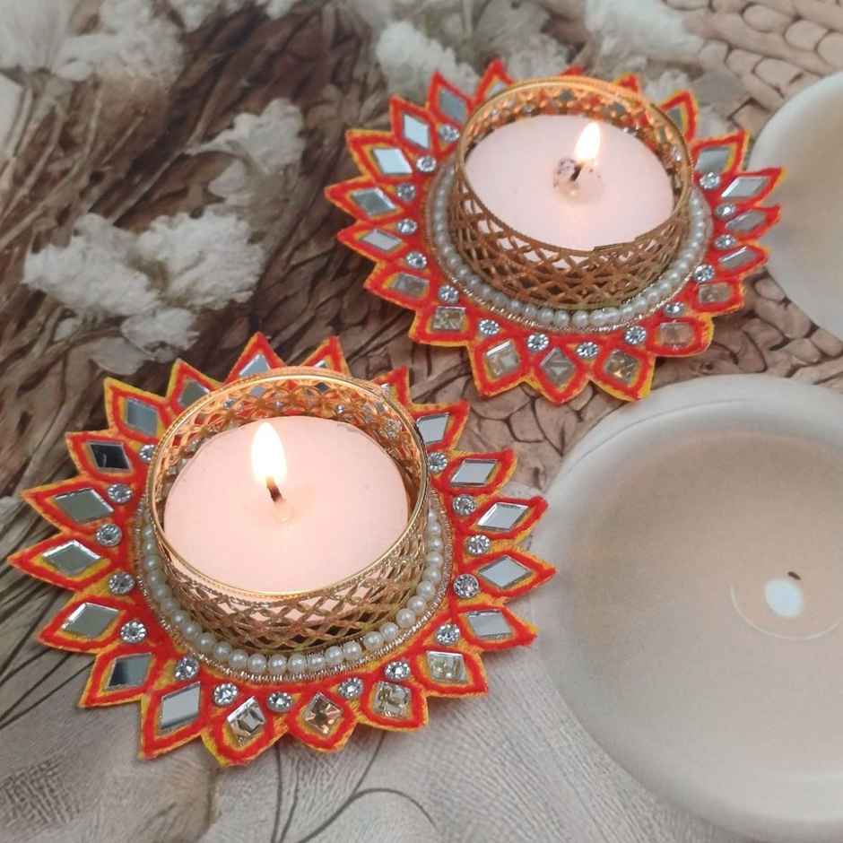Kundan And Mirror Work Flower T-Light Holders | Pack Of 2 | Gullak