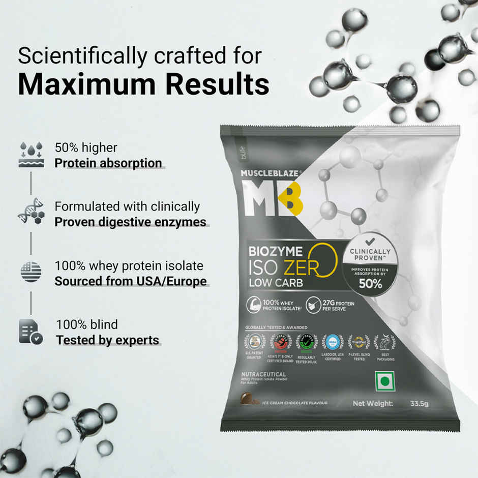 MuscleBlaze Biozyme Iso Zero Whey Protein Isolate Ice Cream Chocolate 5 Sachet Travel Pack
