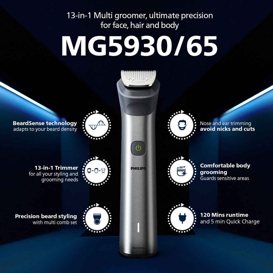 Philips India's No.1 Men's Trimmer | 13-in-1 Essential Body Kit -Face, Body & Private Parts | MG5930/65