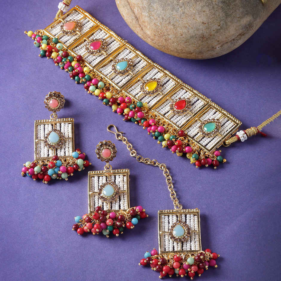 Sukkhi Beautiful Gold Plated Multi Beads Studded Collar Necklace Set