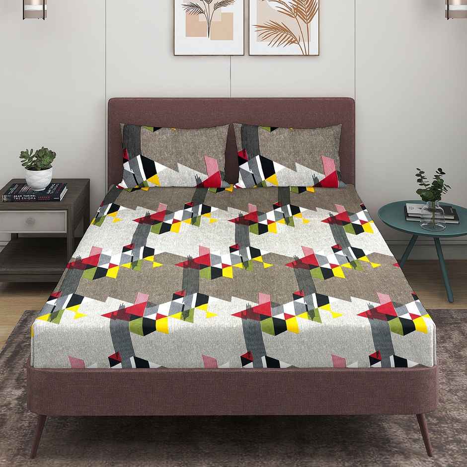 Romee 144 TC Geometric Printed Cotton Double Bedsheet With 2 Pillow Covers | Multicolor