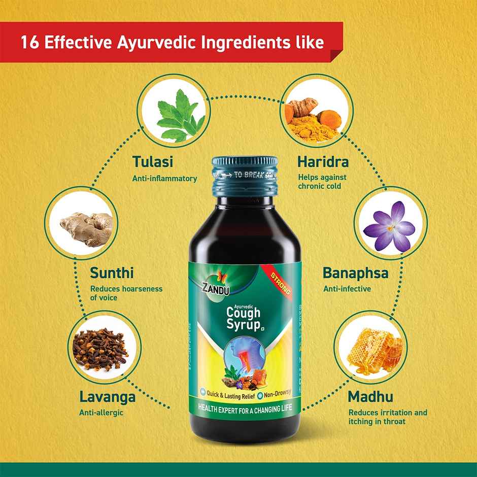 Zandu Ayurvedic Cough Syrup | Get Relief from Dry & Wet Cough | Non-Drowsy Formula
