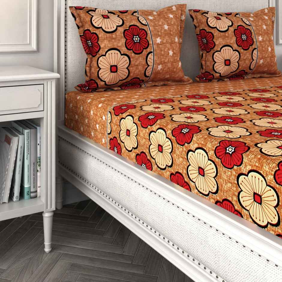 Romee 144 TC Floral Printed Cotton Bedsheet for Double Bed with 2 Pillow Covers | Beige and Brown