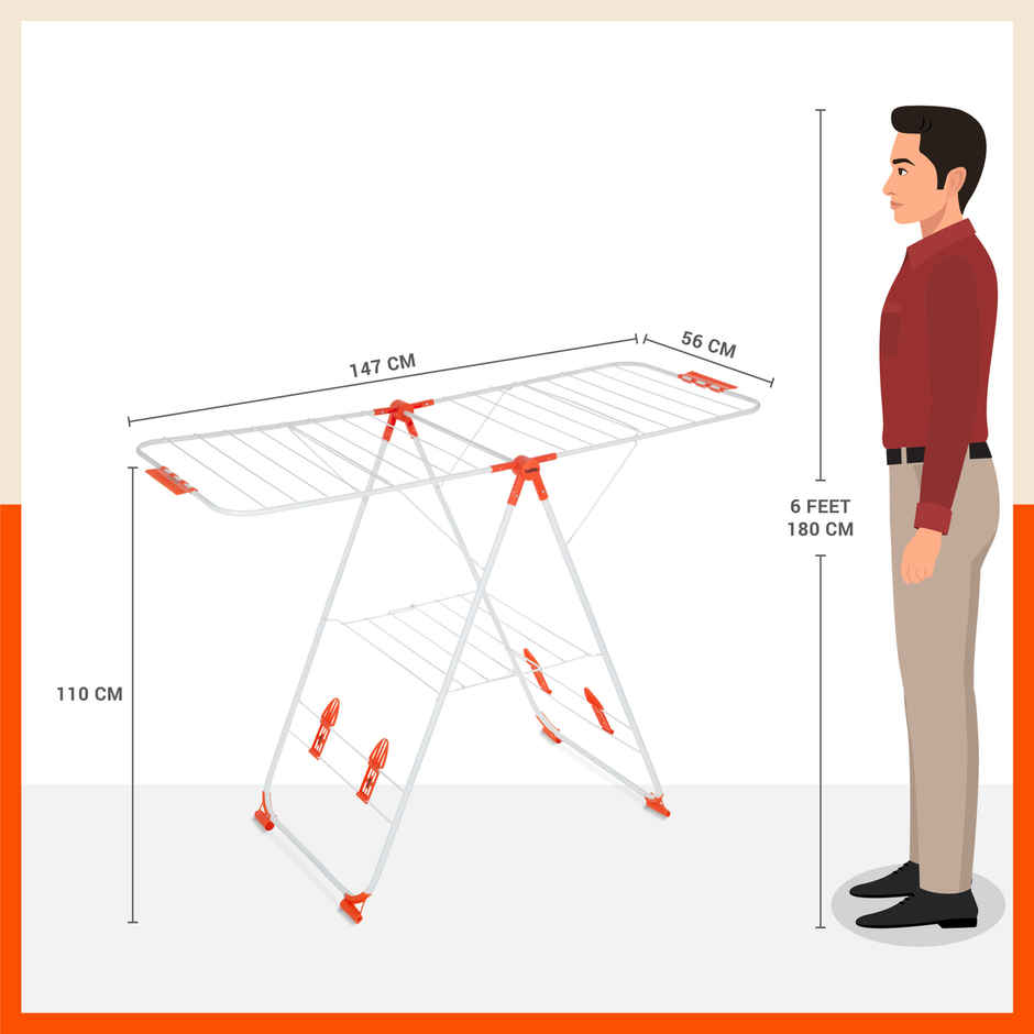Bathla Foldable Cloth Drying Stand for Home - Neo | Steel | Heavy Duty, Lightweight | Orange