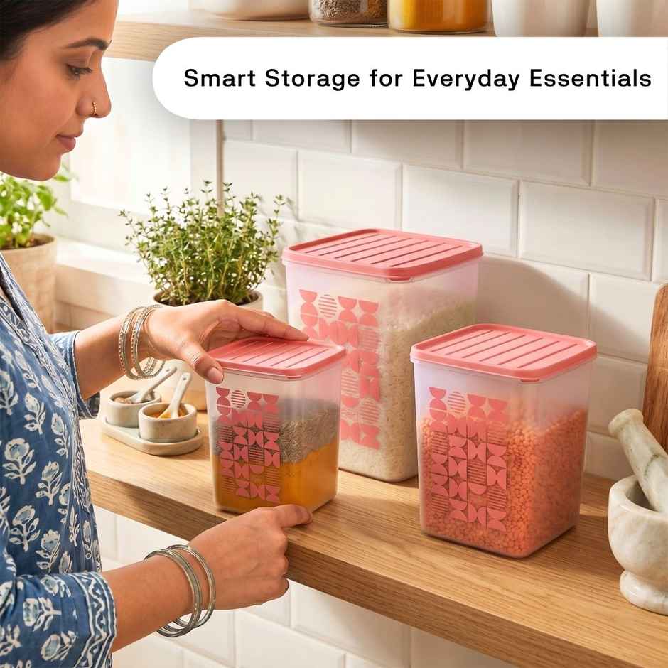 FLAIR Plastic Storewell Square Containers Set | Pink - 2 L , 3L & 4 L