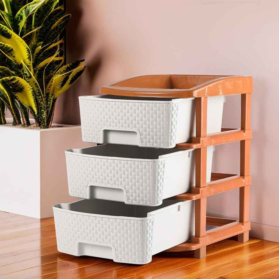 Kuber Industries 3-Tier Multipurpose Plastic Drawers Storage Organizer | Brown & White