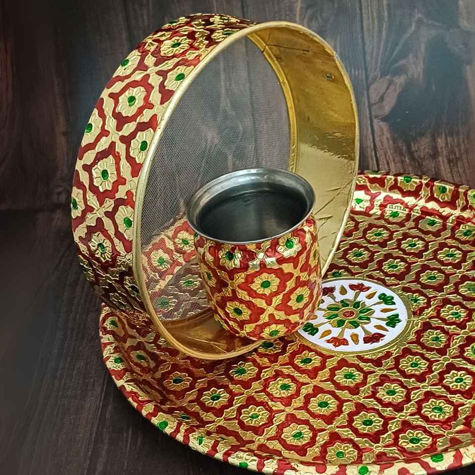 Karwa Chauth Thali Set | Red | Floral Motifs | Gullak