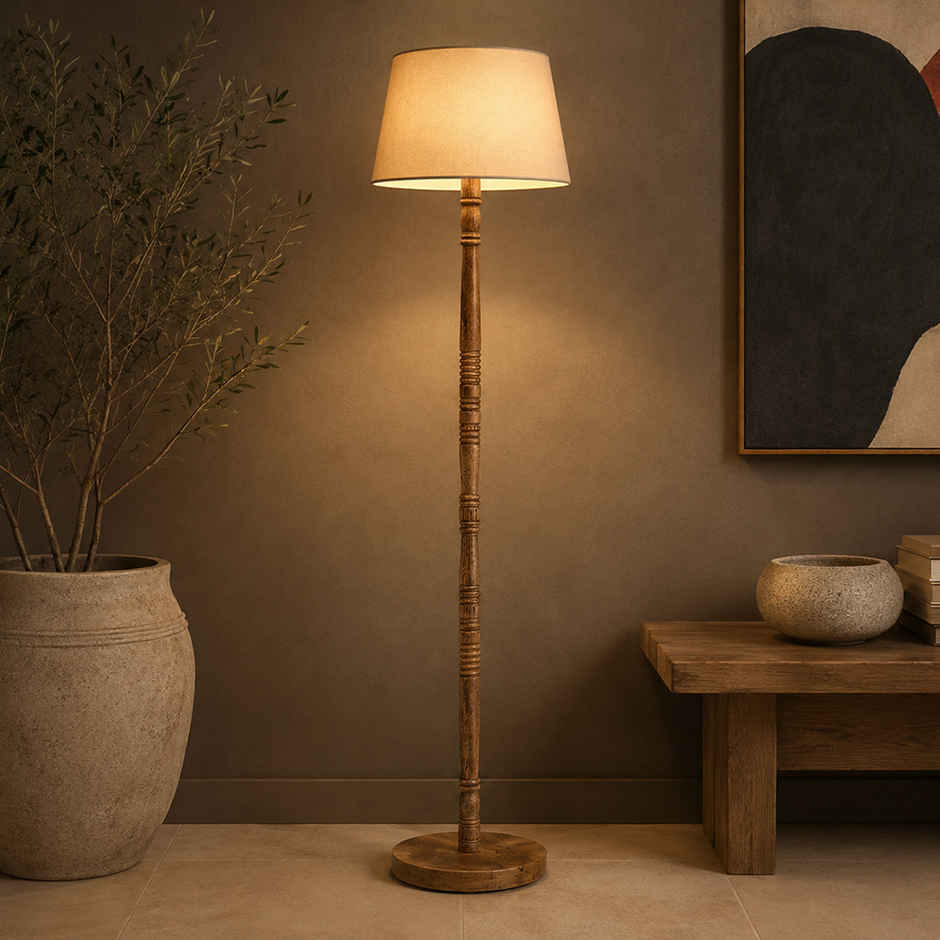 Homesake Mid-Century Wooden Floor Lamp with White Fabric Shade, Modern Standing Light