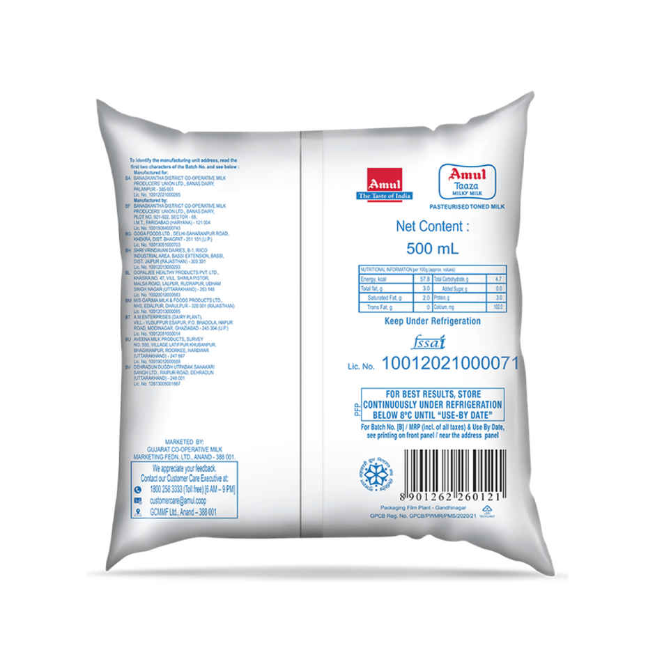 Amul Taaza Toned Fresh Milk (Pouch)