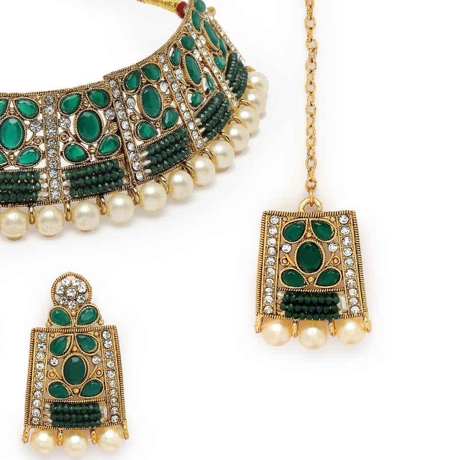 Sukkhi Striking Gold Plated Green Stone Studded Choker Necklace Set