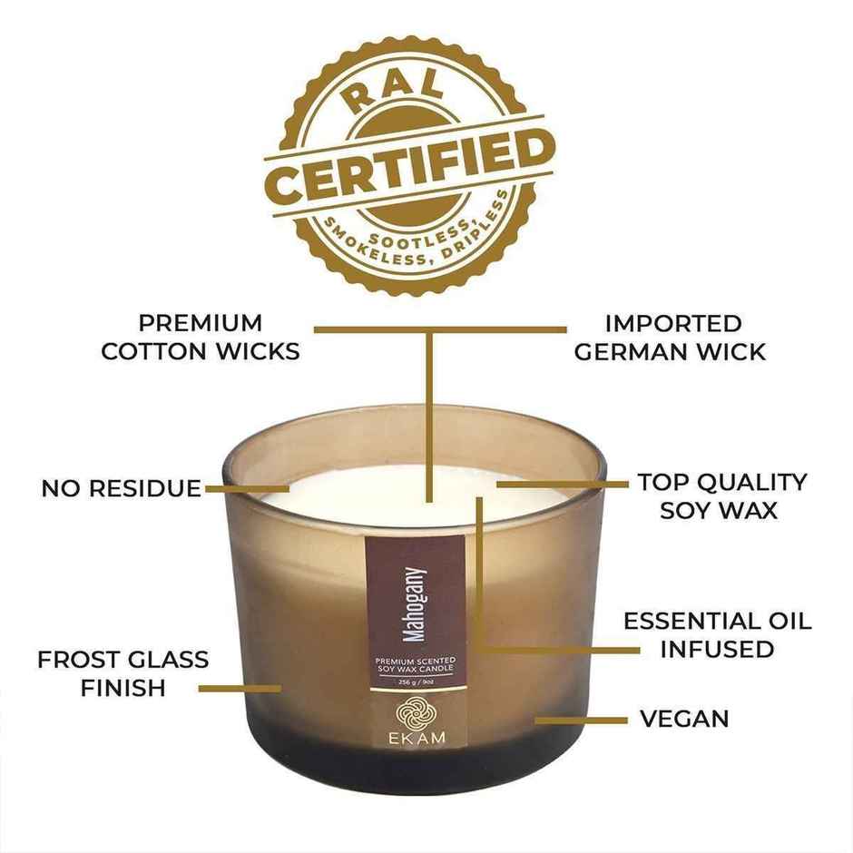 Ekam Mahogany Scented 3 Wick Soy Candle | Home Decor