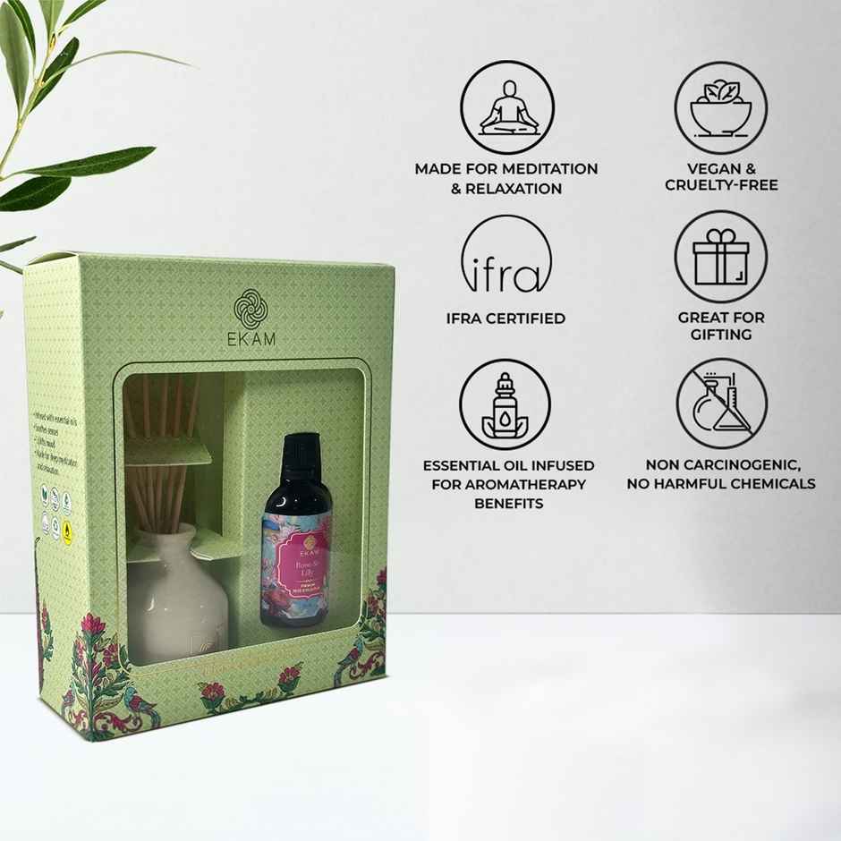 EKAM Reed Diffuser Gift Set| Festive Collection| 435 g | Rose & Lily | Luxury Home Fragrance