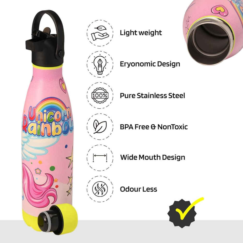 Kuber Industries Unicorn Rainbow 500 ml Insulated Sipper Water Bottle with 2 Lids & Straw | Pink