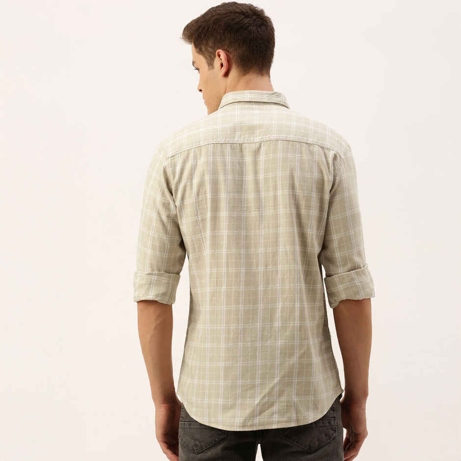 The Indian Garage Co Men's Slim Fit Checkered Casual Shirt | Beige - M