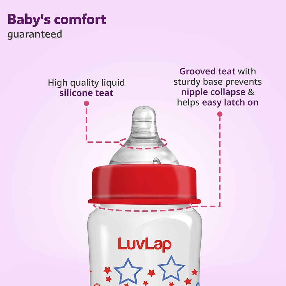LuvLap Wide Neck Bottle with Anti-Colic Flexible Nipple, Fast Flow, Upto 3 Years, BPA Free