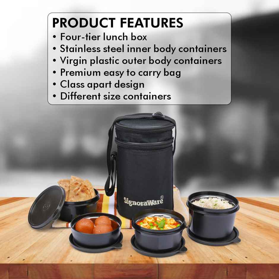 Signoraware Monarch Executive Big Microsafe Steel Lunch Box Food Grade Stainless Steel Black