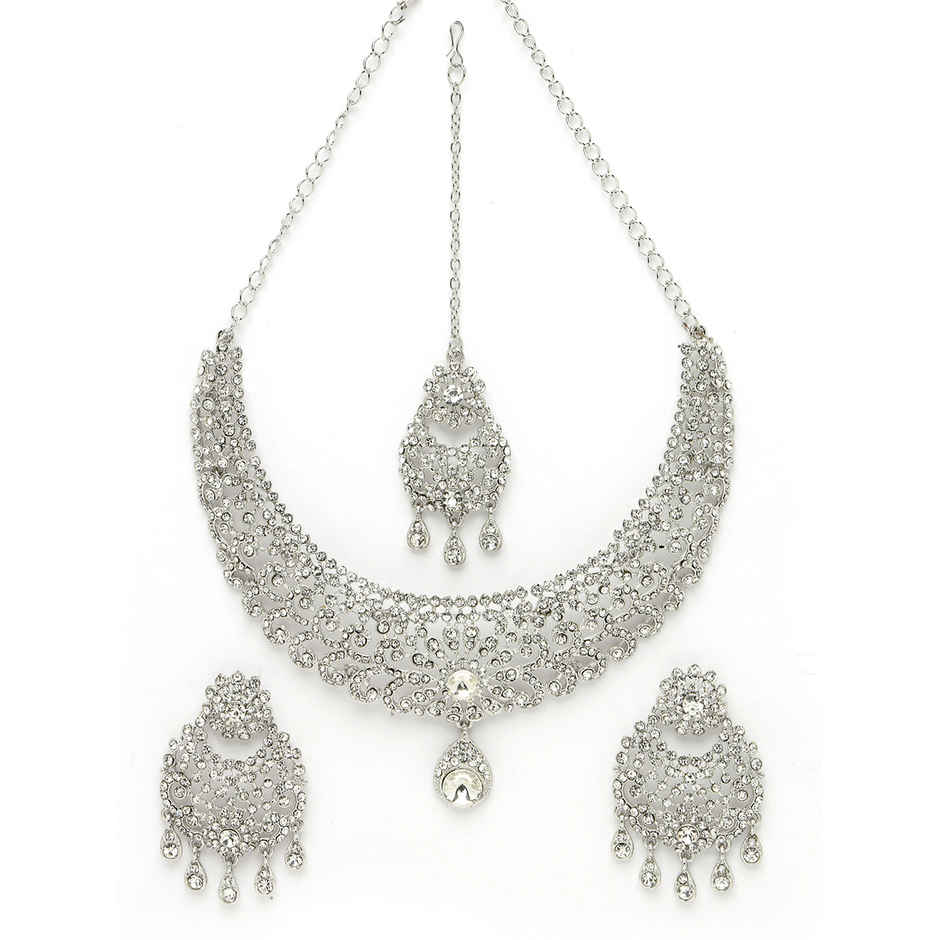 Sukkhi Desirable Rhodium Plated Silver Stone Studded Floral Choker Necklace Set