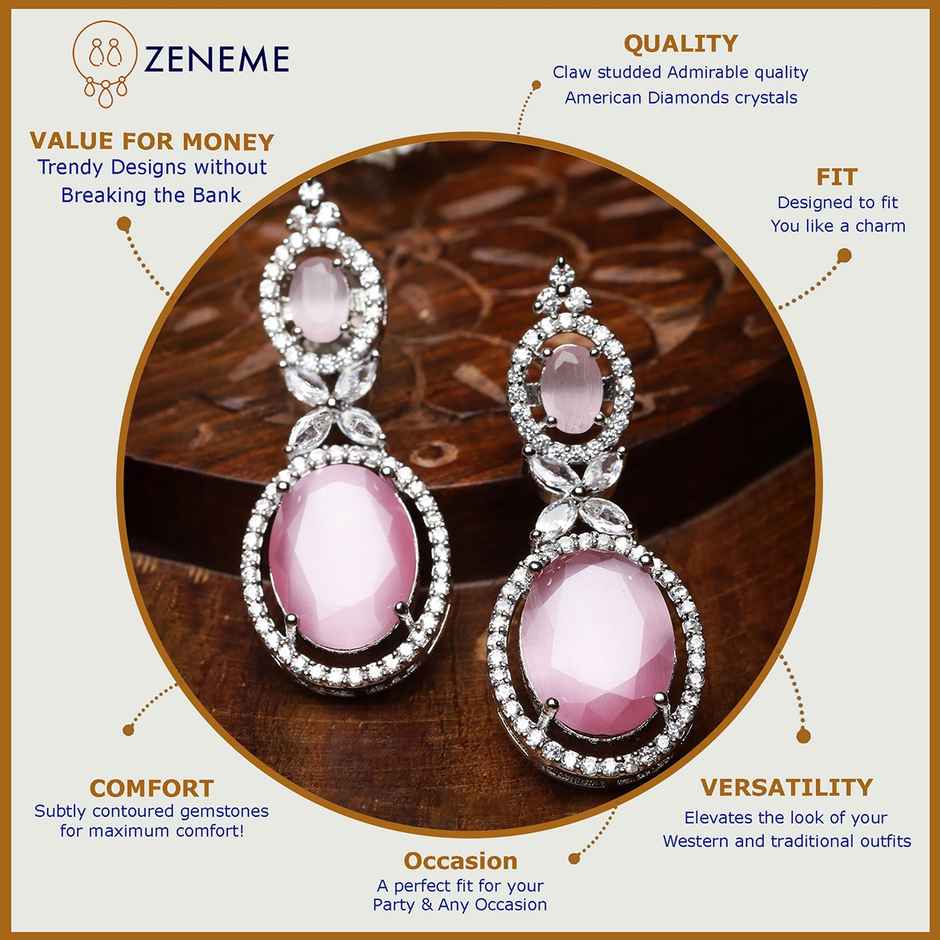 Zeneme Silver-Plated Pink American Diamond studded Oval Shaped Drop Earrings For Women & Girls
