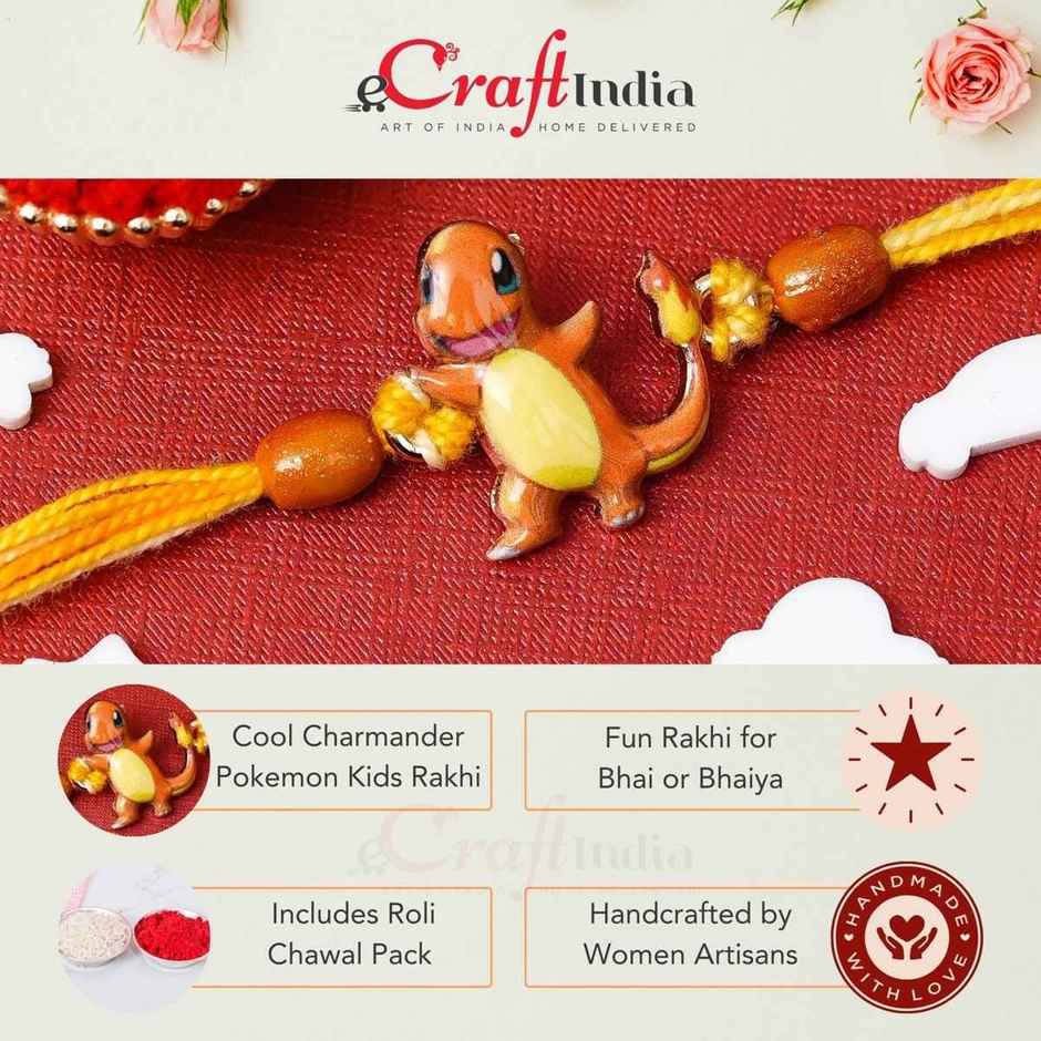 Kids Charmander Pokemon Rakhi for Bhai, Bhaiya with Roli Chawal | Pack of 1 | Ecraftindia