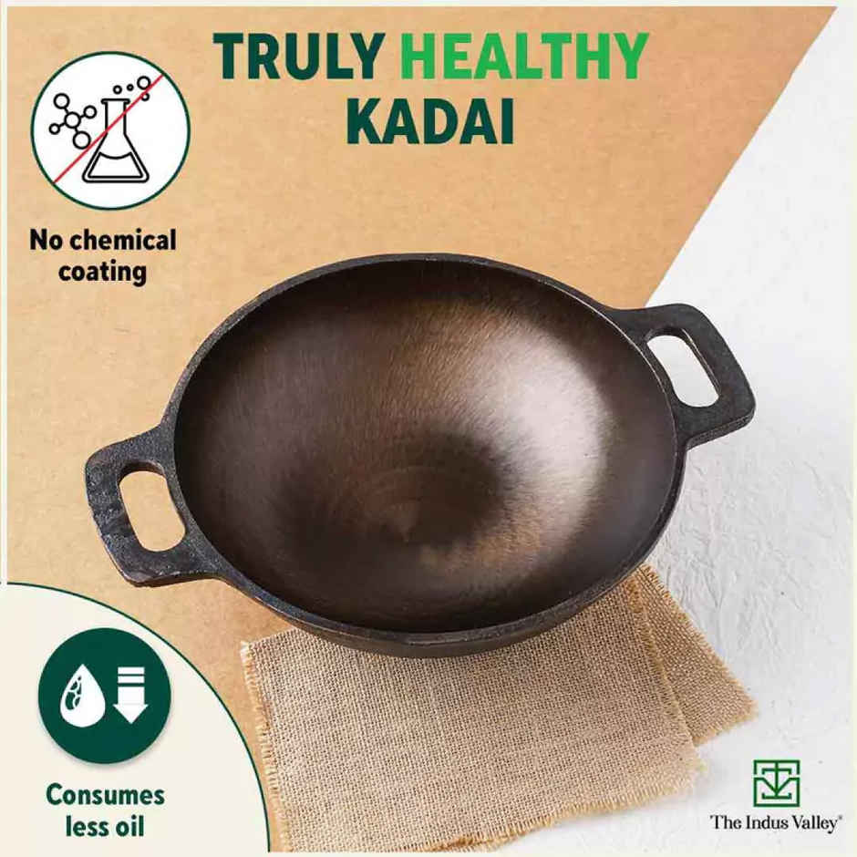 The Indus Valley Super Smooth Cast Iron Kadai | Medium, 25.4cm/10 inch, 2.5Ltr, 2.4kg
