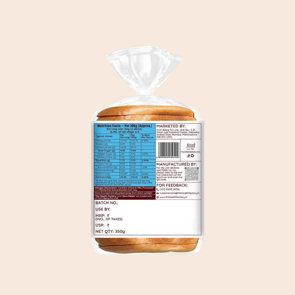 The Health Factory Milk Bread | Zero Maida | Source of Calcium & Fibre | Whole Wheat Bread