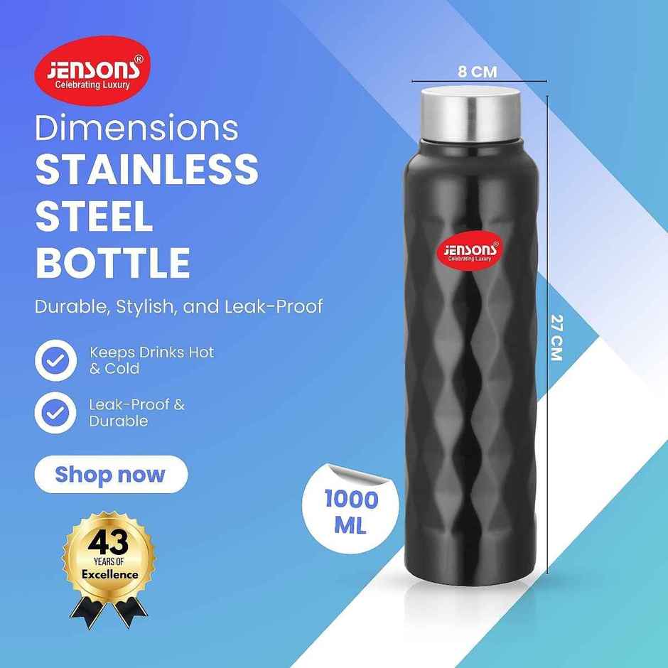 Jensons Stainless Steel Diamond Water Bottle 1 Litre | Leak Proof | Black