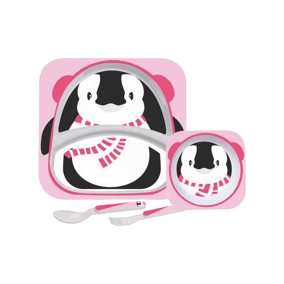 Cello Kids Meal Melamine Dinner Set with Penguin Print | Pink, Set of 4