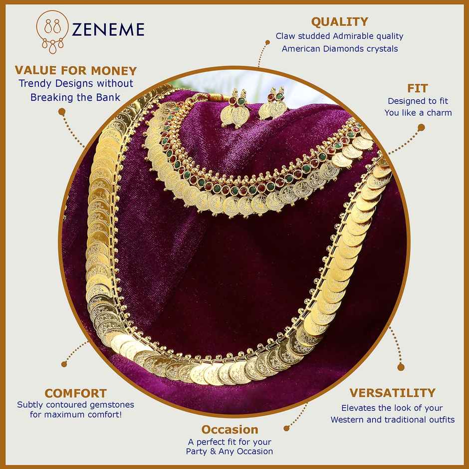 Zeneme Gold-Plated Temple Coin Jewellery Set For Women & Girls